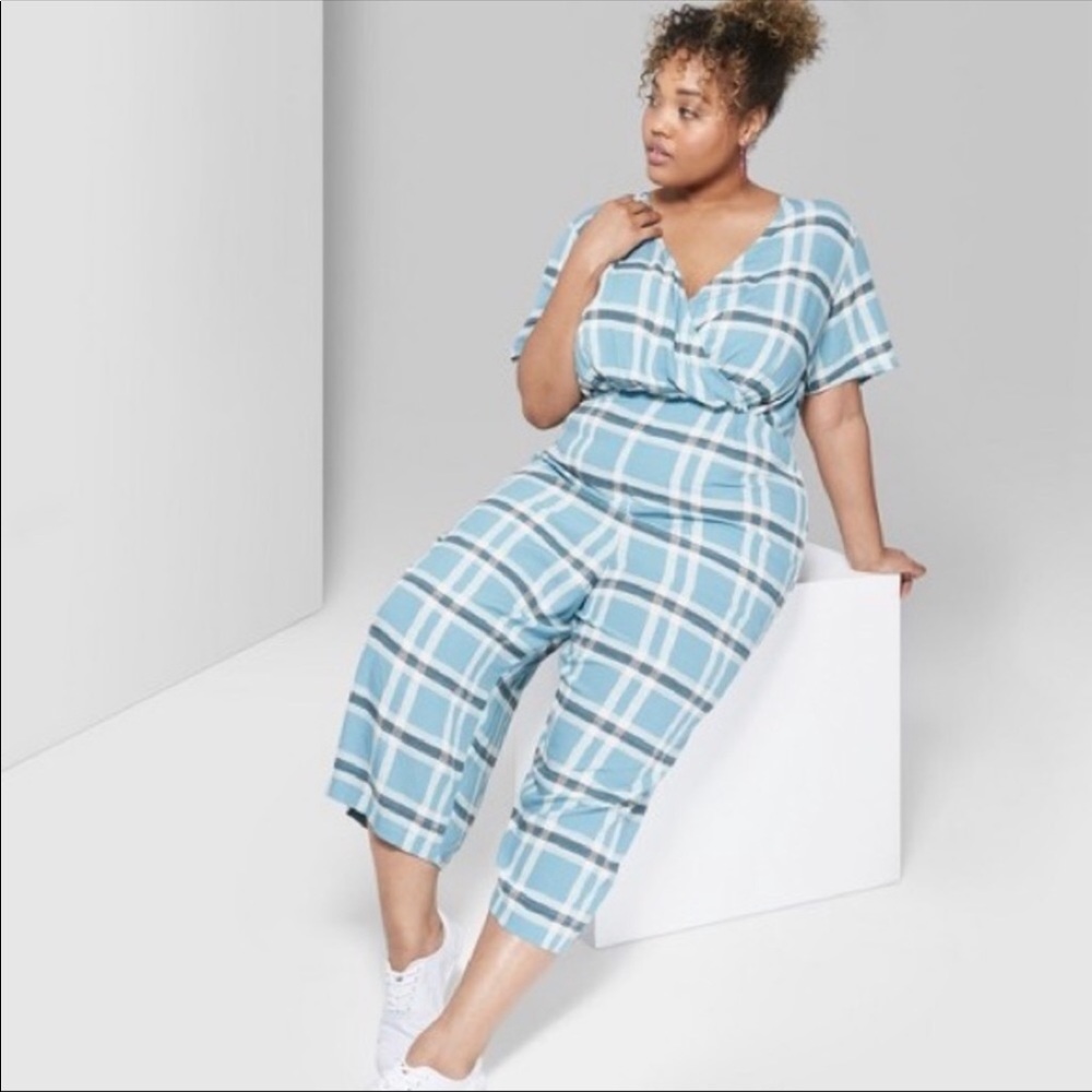 Short Sleeve Blue Plaid Twist Front Plus Jumpsuit